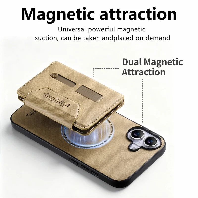 For iPhone 17 Magnetic Case PU Leather + PC + TPU Anti-Scratch Back Cover with Detachable Card Holder - Black - Khaki