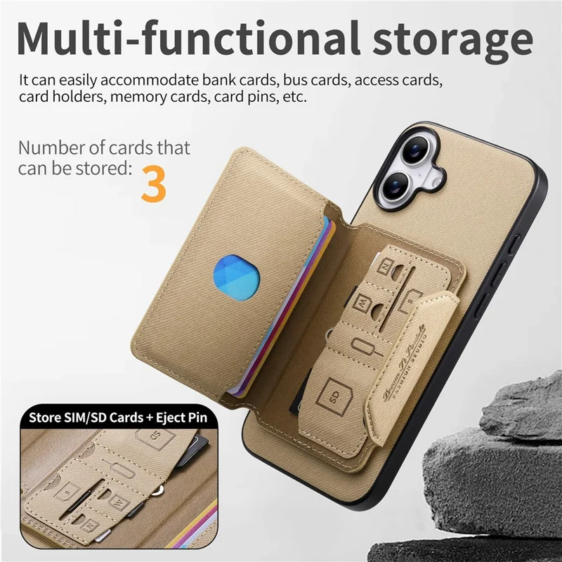 For iPhone 17 Magnetic Case PU Leather + PC + TPU Anti-Scratch Back Cover with Detachable Card Holder - Black - Khaki