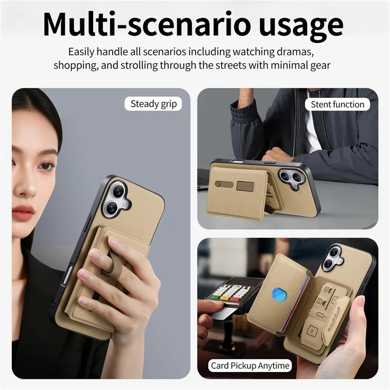 For iPhone 17 Magnetic Case PU Leather + PC + TPU Anti-Scratch Back Cover with Detachable Card Holder - Black - Khaki