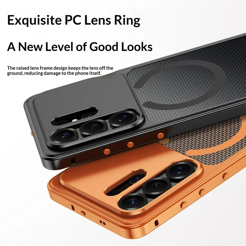 For Samsung Galaxy S23 Ultra Metal Frame Case Magnetic Snap On Frame PC Hollow Back Heat Dissipation Shockproof Cover - Titanium Silver
