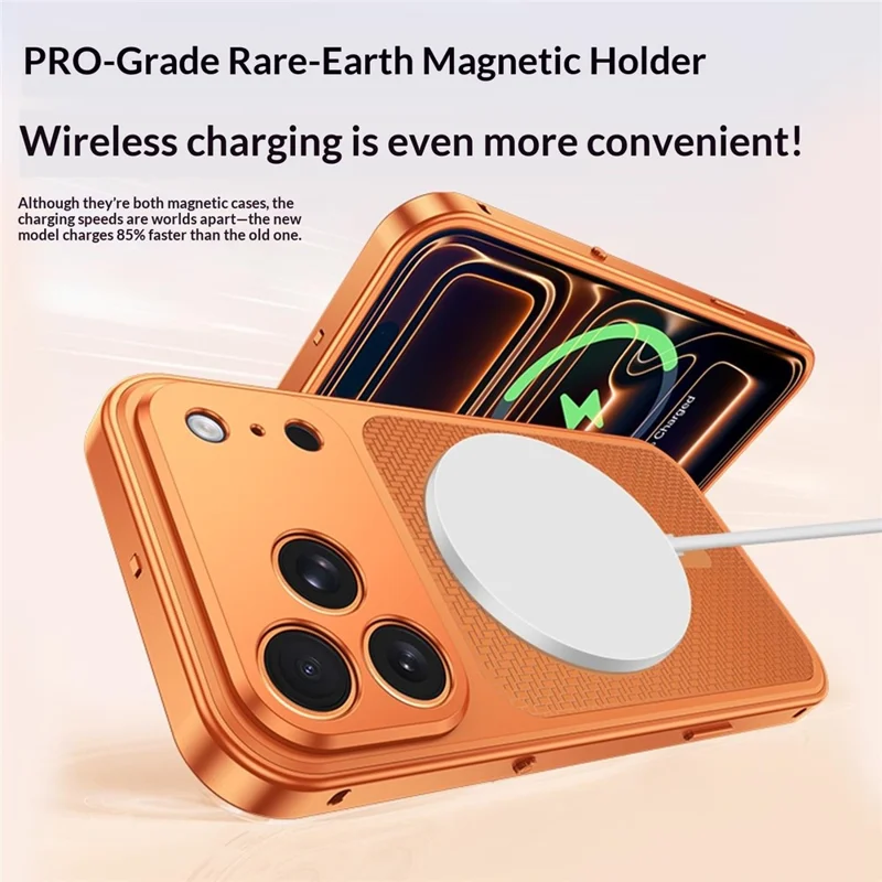 For iPhone 17 Pro Magnetic Case Heat Dissipation Snap-On Metal + PC Phone Cover - Titanium Orange