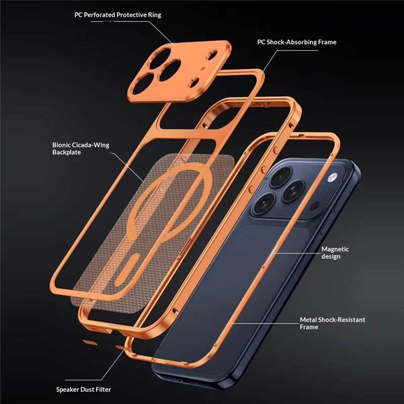 For iPhone 18 Pro Max / 17 Pro Max Magnetic Case Heat Dissipation Snap-On Metal + PC Phone Cover - Titanium Orange