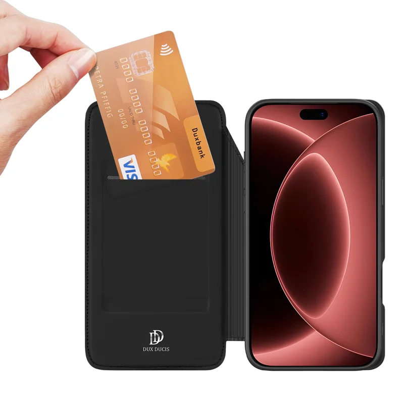 DUX DUCIS for iPhone 18 Pro / 17 Pro Skin Pro Series Case Leather Stand Cover Card Holder - Black - 2