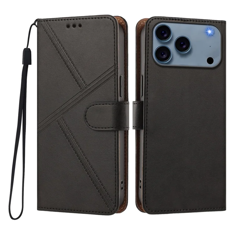 For iPhone 18 Pro Max / 17 Pro Max Case Diamond Stitch PU Leather Wallet Flip Phone Cover with Wrist Strap - Black