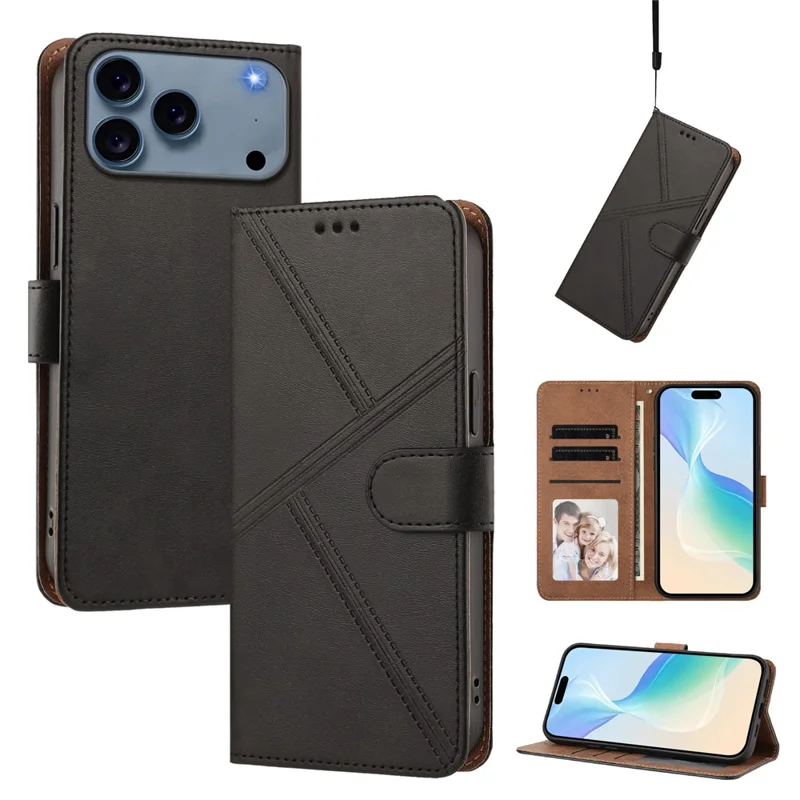 For iPhone 18 Pro Max / 17 Pro Max Case Diamond Stitch PU Leather Wallet Flip Phone Cover with Wrist Strap - Black