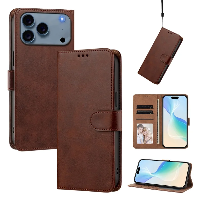 For iPhone 18 Pro Max / 17 Pro Max Case Wallet Flip Stand PU Leather Phone Cover with Wrist Strap - Brown