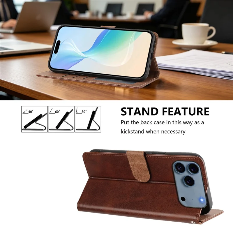 For iPhone 18 Pro Max / 17 Pro Max Case Wallet Flip Stand PU Leather Phone Cover with Wrist Strap - Brown