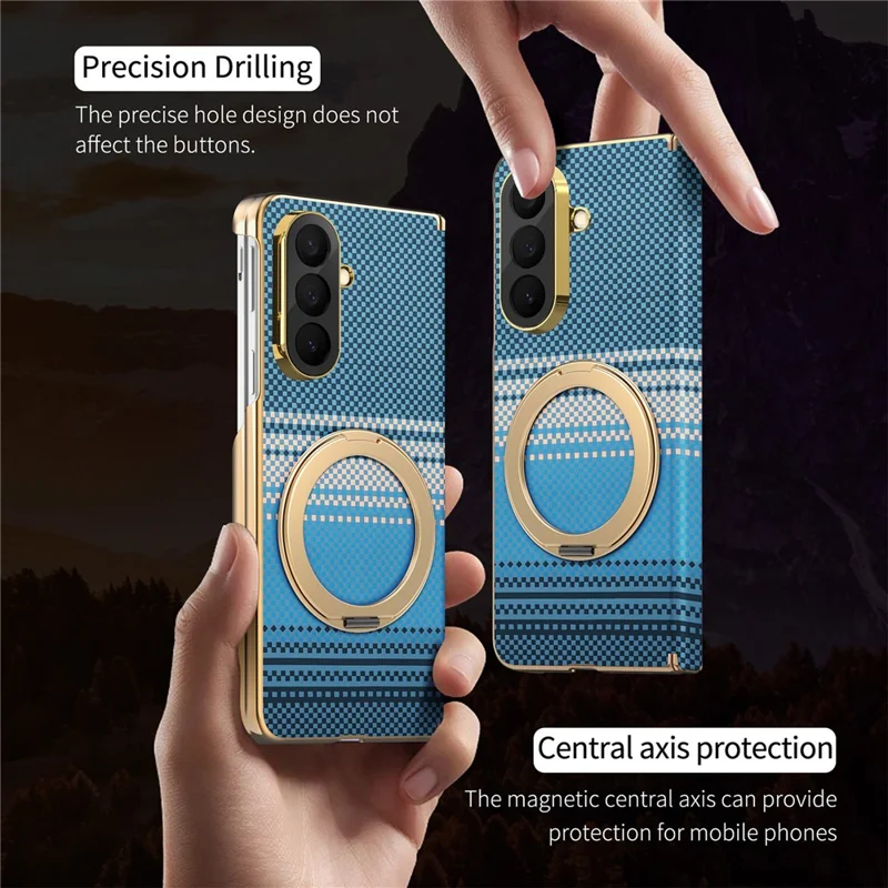 For Samsung Galaxy Z Fold8 Ultra Magnetic Case Ring Kickstand Hinge Design Electroplated Leather + PC Cover - Blue