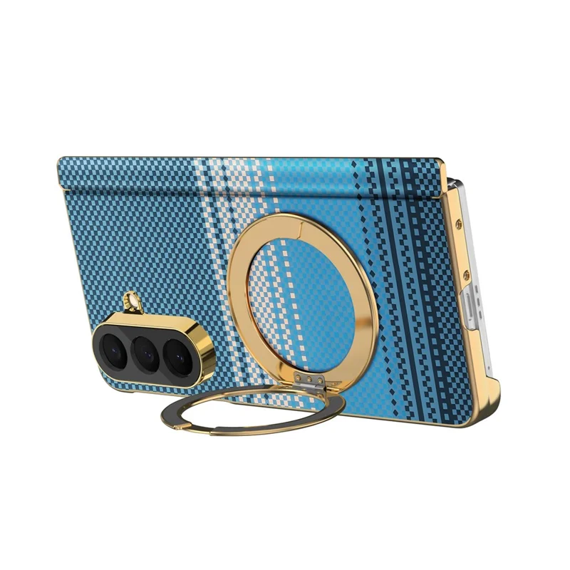 For Samsung Galaxy Z Fold8 Ultra Magnetic Case Ring Kickstand Hinge Design Electroplated Leather + PC Cover - Blue