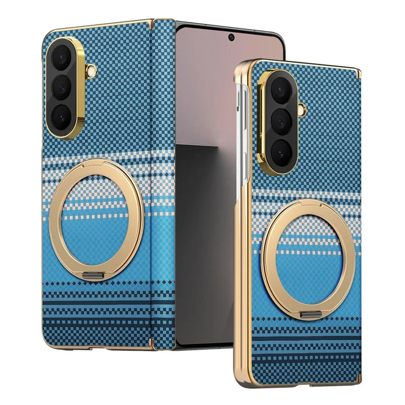 For Samsung Galaxy Z Fold8 Ultra Magnetic Case Ring Kickstand Hinge Design Electroplated Leather + PC Cover - Blue
