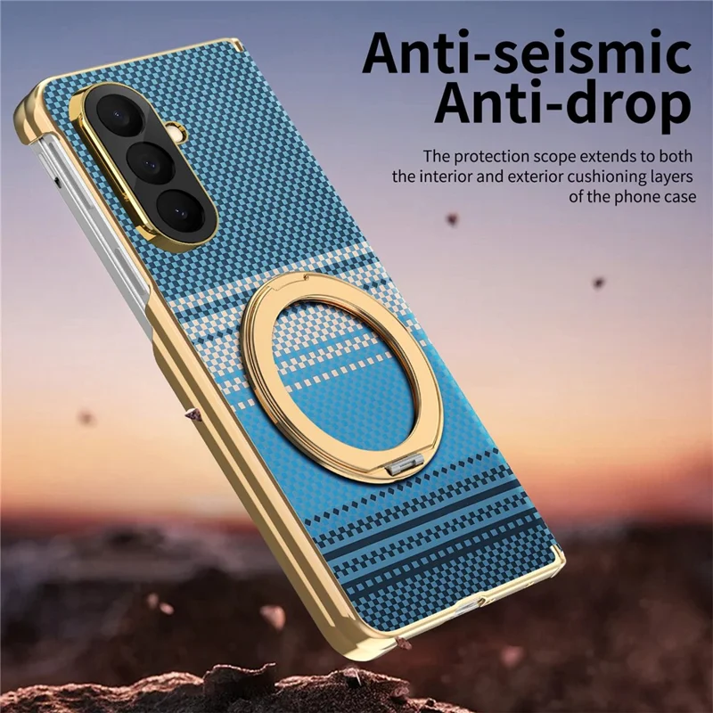 For Samsung Galaxy Z Fold8 Ultra Magnetic Case Ring Kickstand Hinge Design Electroplated Leather + PC Cover - Blue
