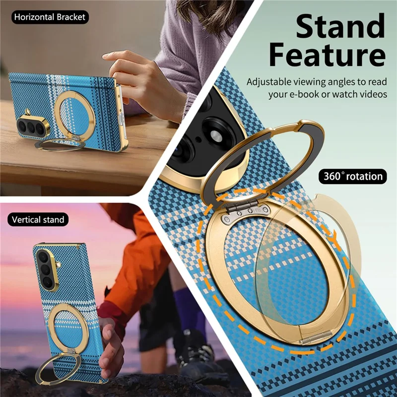 For Samsung Galaxy Z Fold8 Ultra Magnetic Case Ring Kickstand Hinge Design Electroplated Leather + PC Cover - Blue