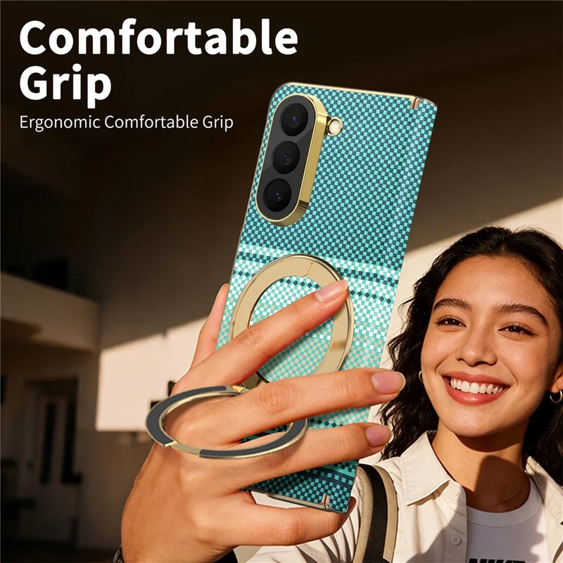 For Samsung Galaxy Z Fold6 5G Magnetic Case Ring Kickstand Hinge Design Electroplated Leather + PC Cover - Green