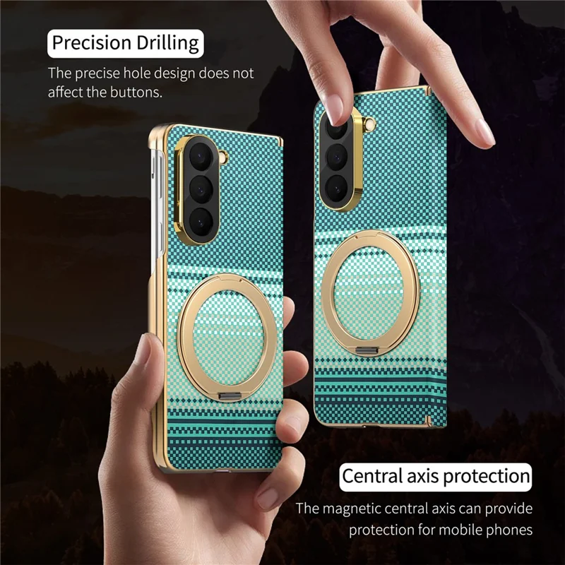 For Samsung Galaxy Z Fold6 5G Magnetic Case Ring Kickstand Hinge Design Electroplated Leather + PC Cover - Green