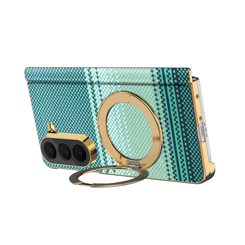 For Samsung Galaxy Z Fold6 5G Magnetic Case Ring Kickstand Hinge Design Electroplated Leather + PC Cover - Green