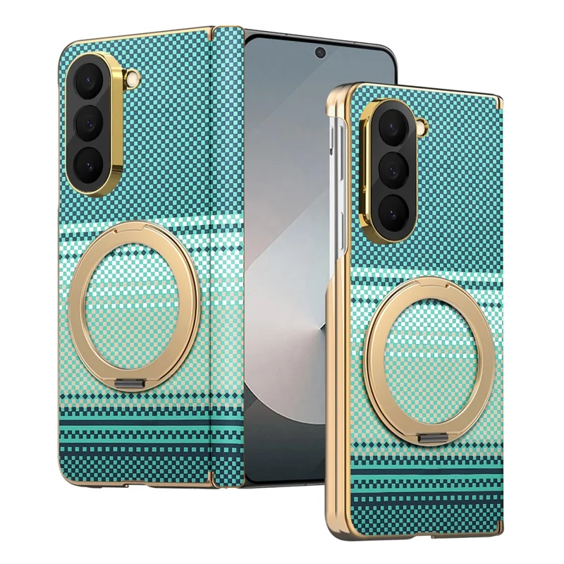 For Samsung Galaxy Z Fold6 5G Magnetic Case Ring Kickstand Hinge Design Electroplated Leather + PC Cover - Green