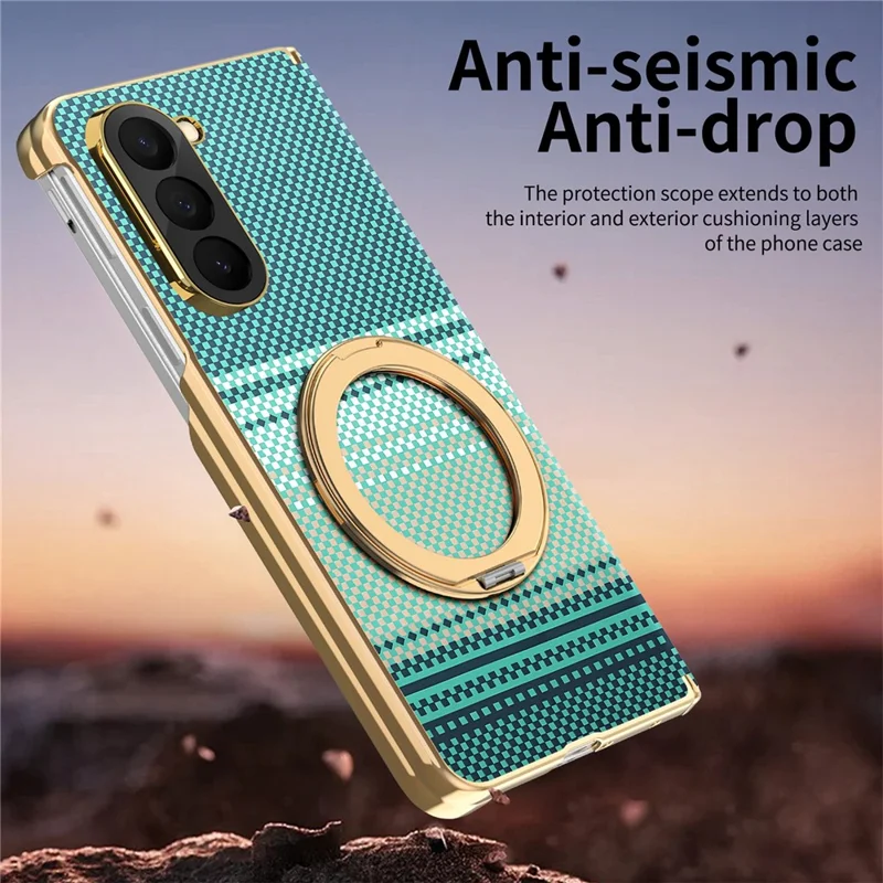 For Samsung Galaxy Z Fold6 5G Magnetic Case Ring Kickstand Hinge Design Electroplated Leather + PC Cover - Green
