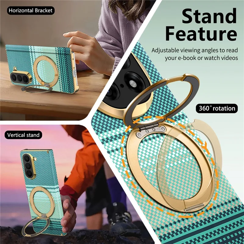 For Samsung Galaxy Z Fold6 5G Magnetic Case Ring Kickstand Hinge Design Electroplated Leather + PC Cover - Green