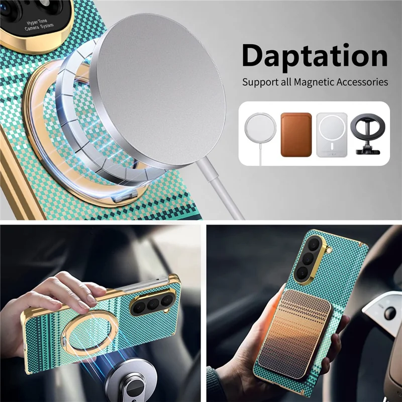 For Samsung Galaxy Z Fold6 5G Magnetic Case Ring Kickstand Hinge Design Electroplated Leather + PC Cover - Green