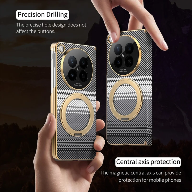 For Oppo Find N6 5G Magnetic Case Ring Kickstand Hinge Design Electroplated Leather + PC Cover - Black