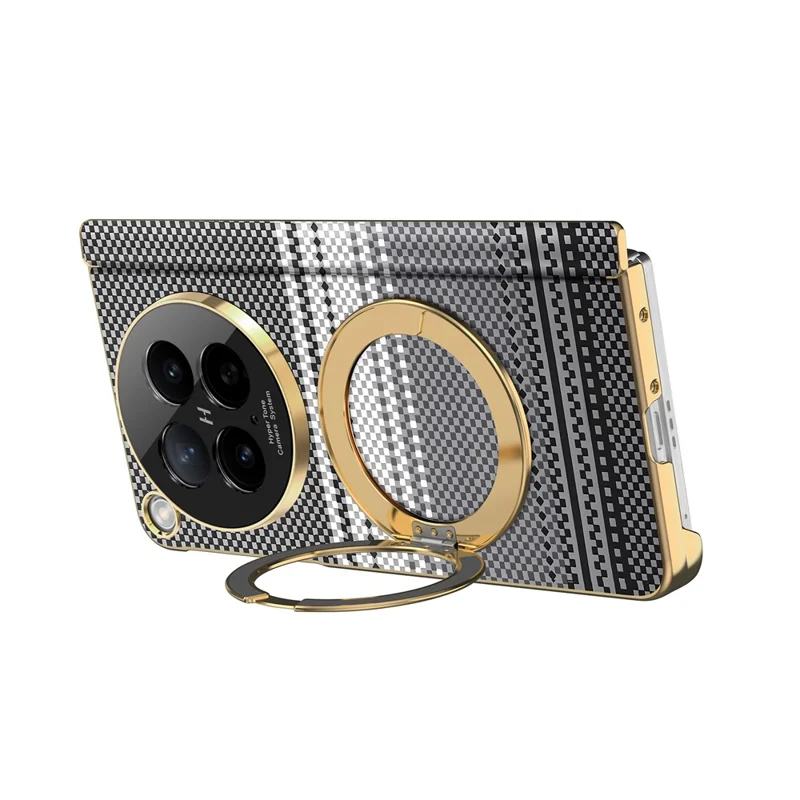 For Oppo Find N6 5G Magnetic Case Ring Kickstand Hinge Design Electroplated Leather + PC Cover - Black