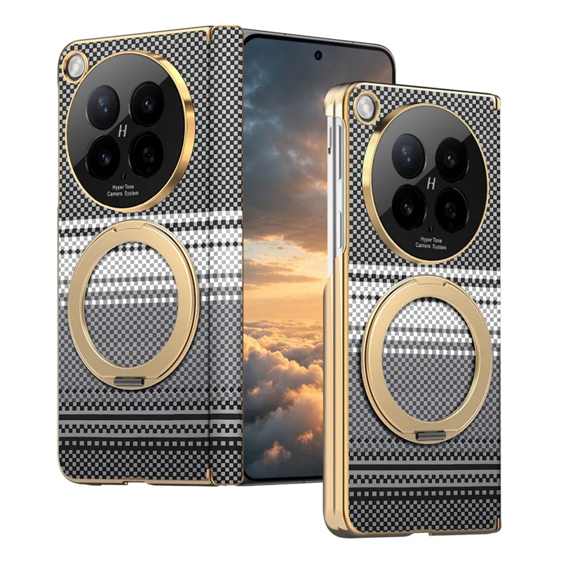 For Oppo Find N6 5G Magnetic Case Ring Kickstand Hinge Design Electroplated Leather + PC Cover - Black
