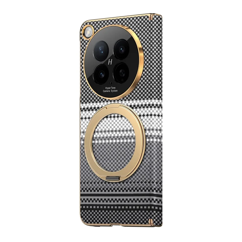 For Oppo Find N6 5G Magnetic Case Ring Kickstand Hinge Design Electroplated Leather + PC Cover - Black