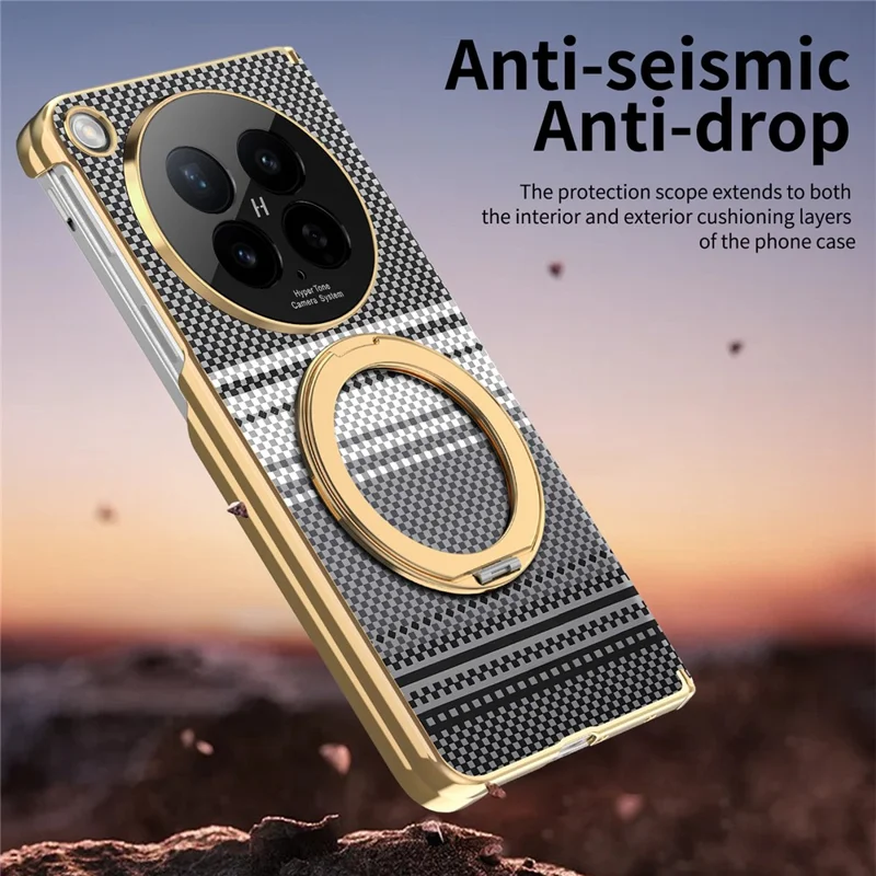 For Oppo Find N6 5G Magnetic Case Ring Kickstand Hinge Design Electroplated Leather + PC Cover - Black