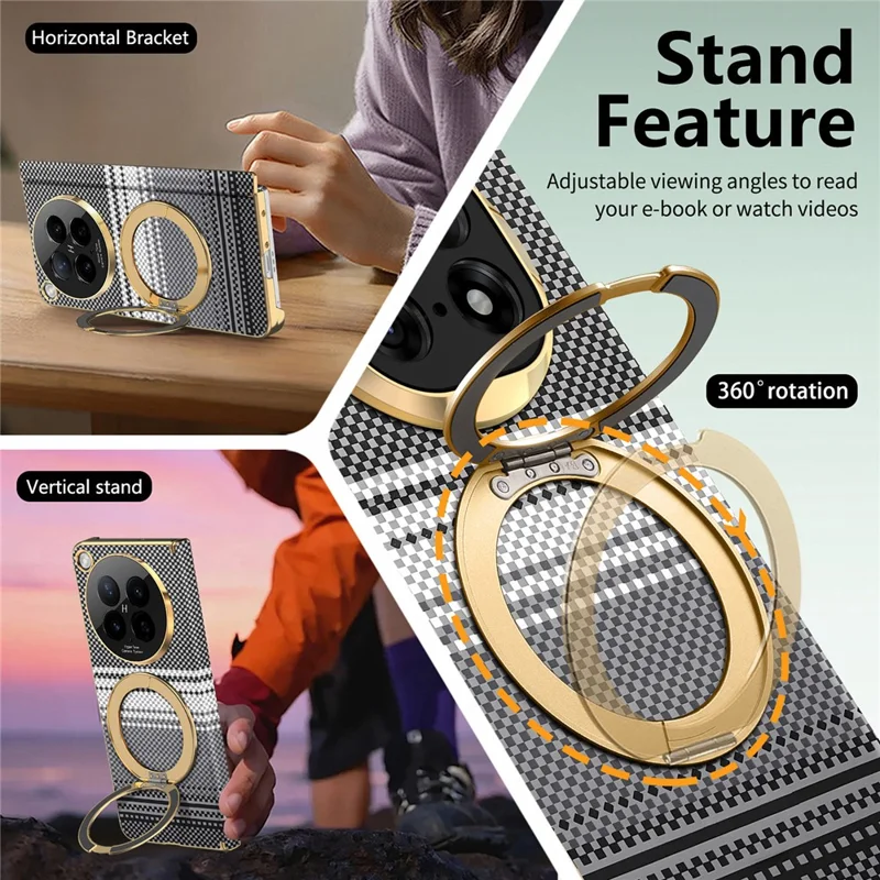 For Oppo Find N6 5G Magnetic Case Ring Kickstand Hinge Design Electroplated Leather + PC Cover - Black