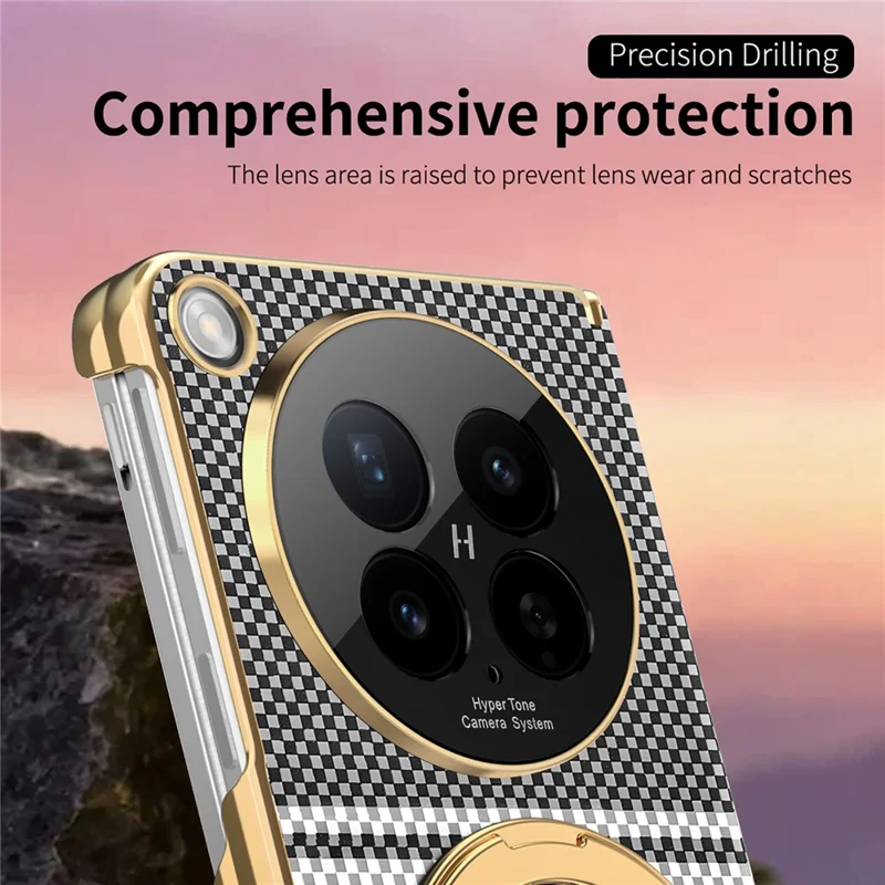 For Oppo Find N6 5G Magnetic Case Ring Kickstand Hinge Design Electroplated Leather + PC Cover - Black
