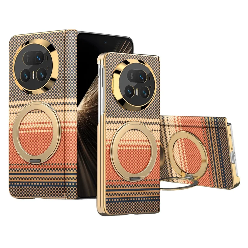 For Honor Magic V5 5G Magnetic Case Ring Kicktand Hinge Design Electroplated Leather + PC Cover - Brown
