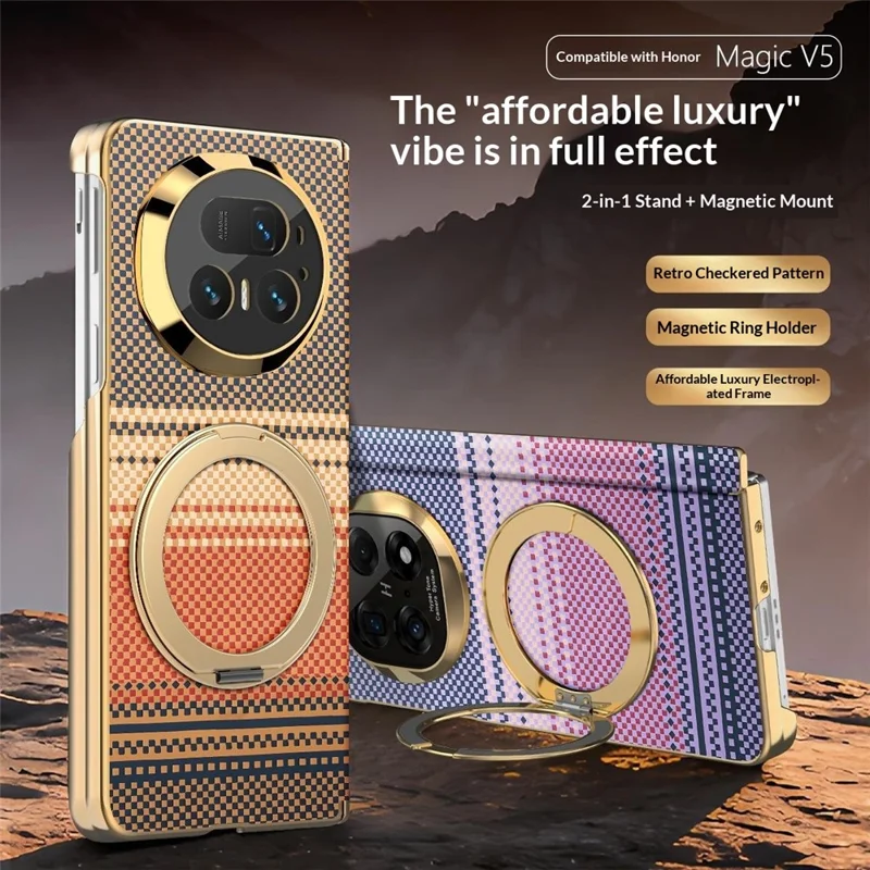 For Honor Magic V5 5G Magnetic Case Ring Kicktand Hinge Design Electroplated Leather + PC Cover - Brown