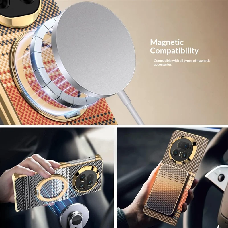 For Honor Magic V5 5G Magnetic Case Ring Kicktand Hinge Design Electroplated Leather + PC Cover - Brown