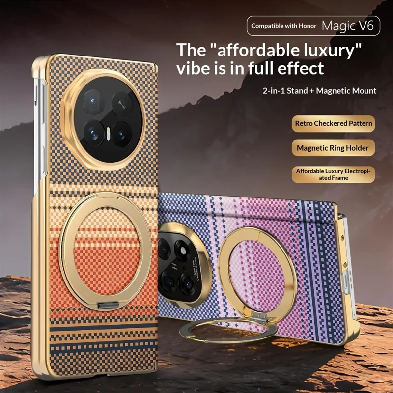 For Honor Magic V6 5G Magnetic Case Ring Kicktand Hinge Design Electroplated Leather + PC Cover - Pink Purple