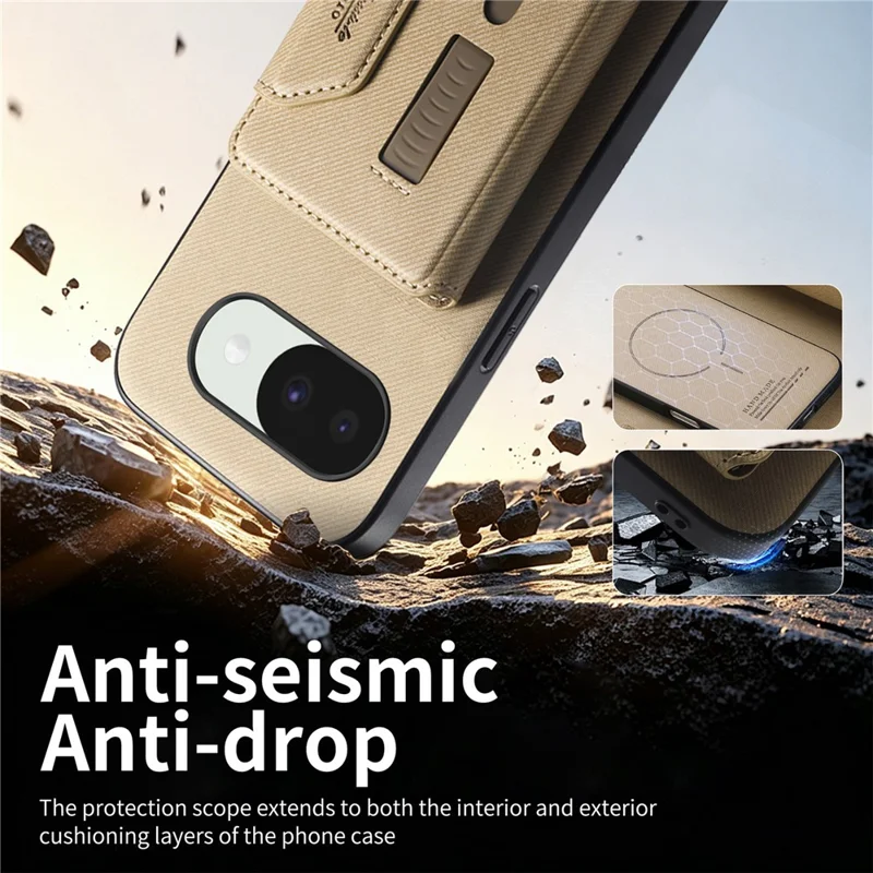For Google Pixel 10a Magnetic Case PU Leather + PC + TPU Anti-Scratch Back Cover with Detachable Card Holder - Khaki