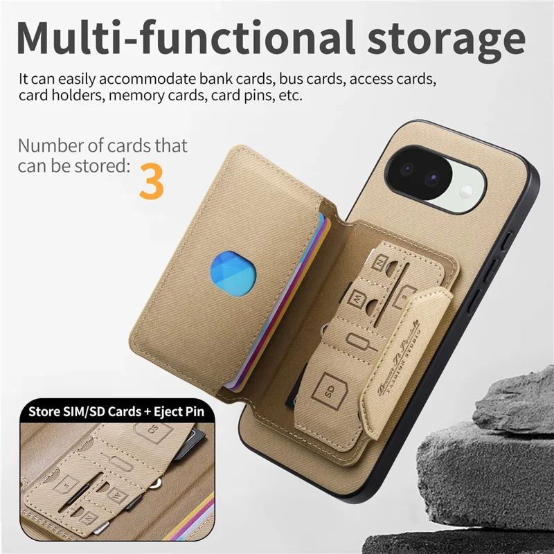 For Google Pixel 10a Magnetic Case PU Leather + PC + TPU Anti-Scratch Back Cover with Detachable Card Holder - Khaki
