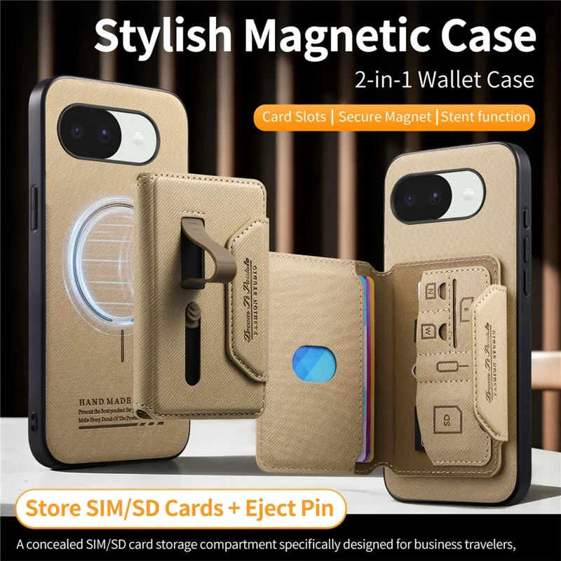 For Google Pixel 10a Magnetic Case PU Leather + PC + TPU Anti-Scratch Back Cover with Detachable Card Holder - Khaki