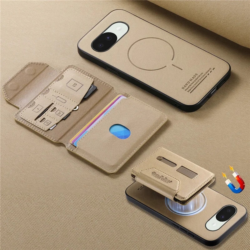 For Google Pixel 10a Magnetic Case PU Leather + PC + TPU Anti-Scratch Back Cover with Detachable Card Holder - Khaki