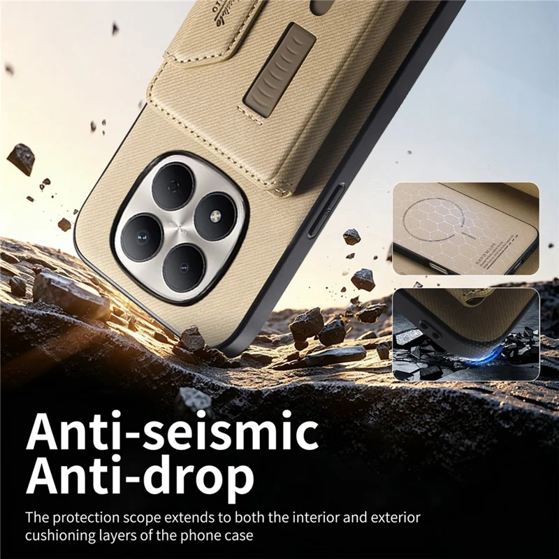 For Xiaomi Redmi Note 15 Pro 5G (Global) Magnetic Case PU Leather + PC + TPU Anti-Scratch Back Cover with Detachable Card Holder - Khaki
