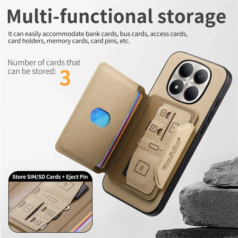For Xiaomi Redmi Note 15 Pro 5G (Global) Magnetic Case PU Leather + PC + TPU Anti-Scratch Back Cover with Detachable Card Holder - Khaki