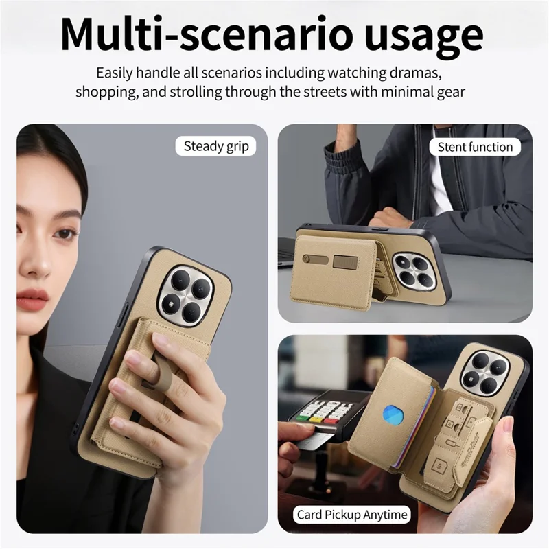 For Xiaomi Redmi Note 15 Pro 5G (Global) Magnetic Case PU Leather + PC + TPU Anti-Scratch Back Cover with Detachable Card Holder - Khaki