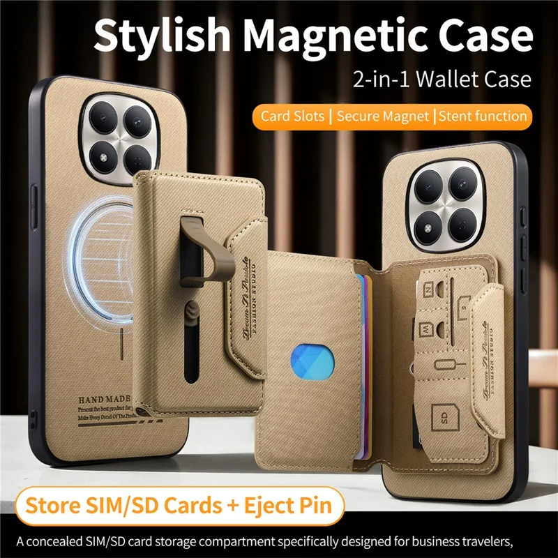 For Xiaomi Redmi Note 15 Pro 5G (Global) Magnetic Case PU Leather + PC + TPU Anti-Scratch Back Cover with Detachable Card Holder - Khaki