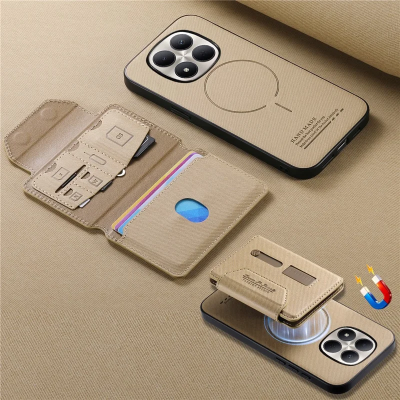 For Xiaomi Redmi Note 15 Pro 5G (Global) Magnetic Case PU Leather + PC + TPU Anti-Scratch Back Cover with Detachable Card Holder - Khaki