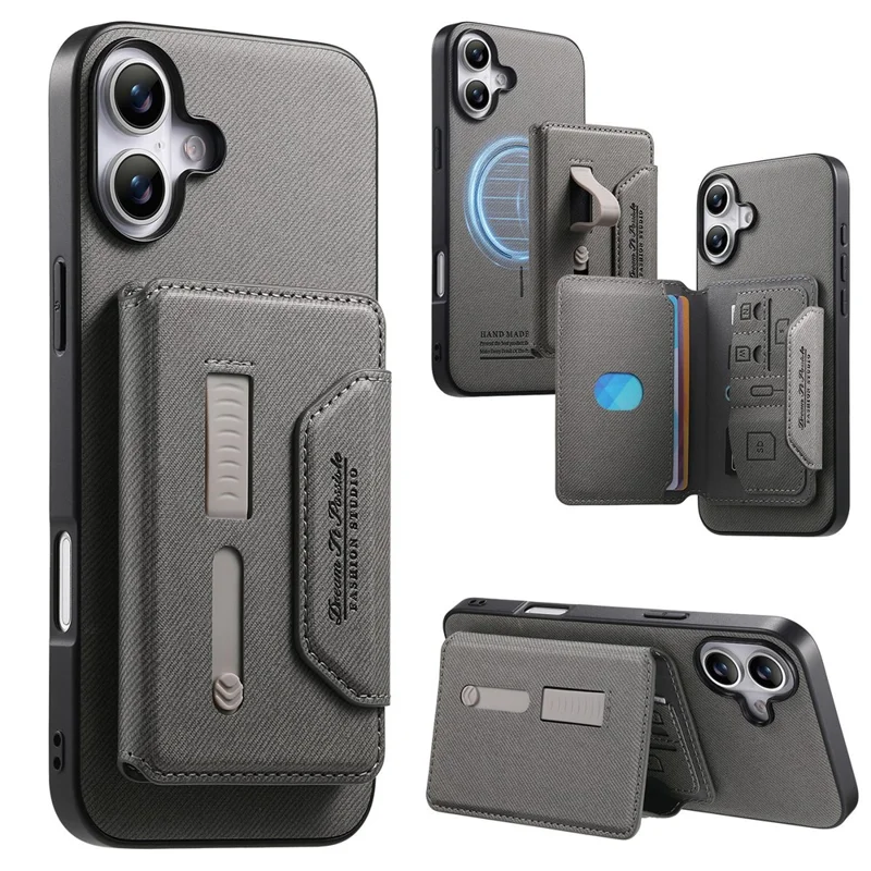 For iPhone 16 Magnetic Case PU Leather + PC + TPU Anti-Scratch Back Cover with Detachable Card Holder - Grey