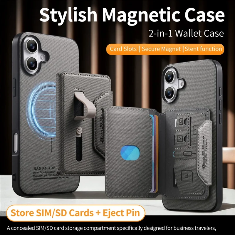 For iPhone 16 Magnetic Case PU Leather + PC + TPU Anti-Scratch Back Cover with Detachable Card Holder - Grey