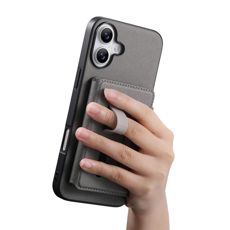 For iPhone 16 Magnetic Case PU Leather + PC + TPU Anti-Scratch Back Cover with Detachable Card Holder - Grey