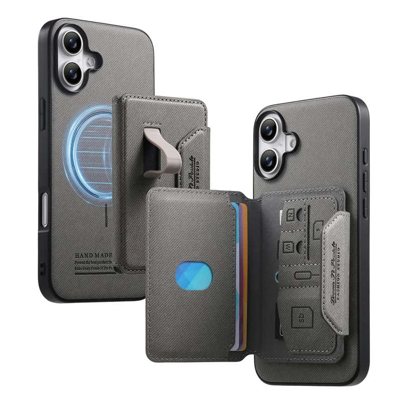 For iPhone 16 Magnetic Case PU Leather + PC + TPU Anti-Scratch Back Cover with Detachable Card Holder - Grey