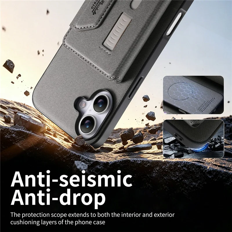 For iPhone 16 Magnetic Case PU Leather + PC + TPU Anti-Scratch Back Cover with Detachable Card Holder - Grey