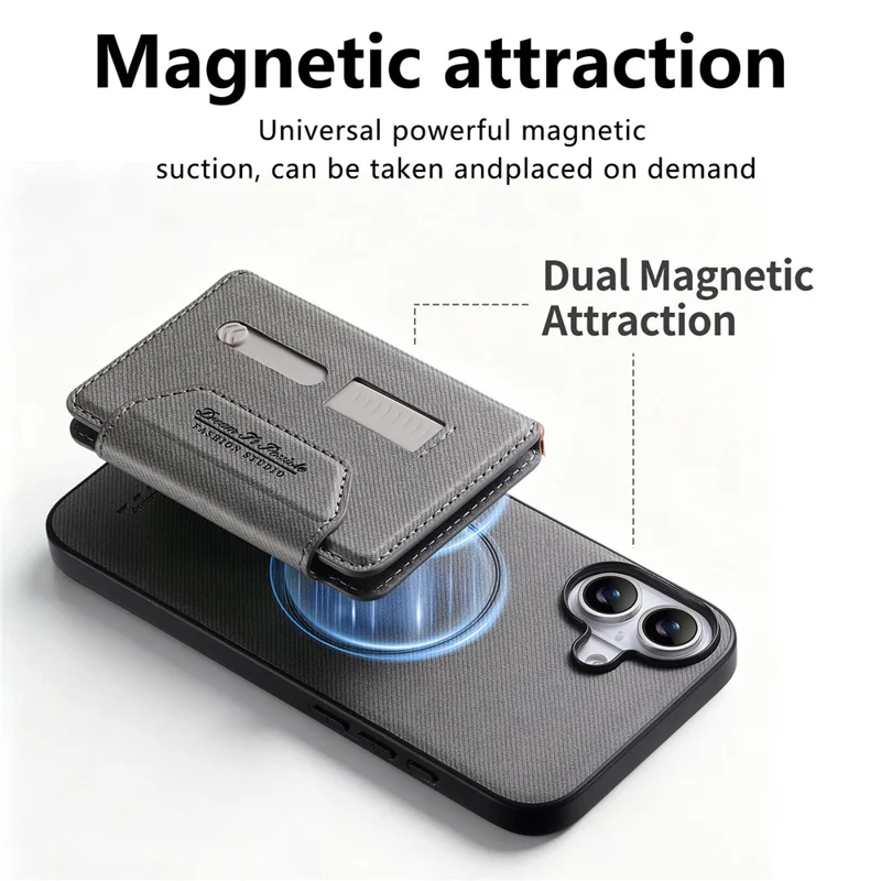 For iPhone 16 Magnetic Case PU Leather + PC + TPU Anti-Scratch Back Cover with Detachable Card Holder - Grey