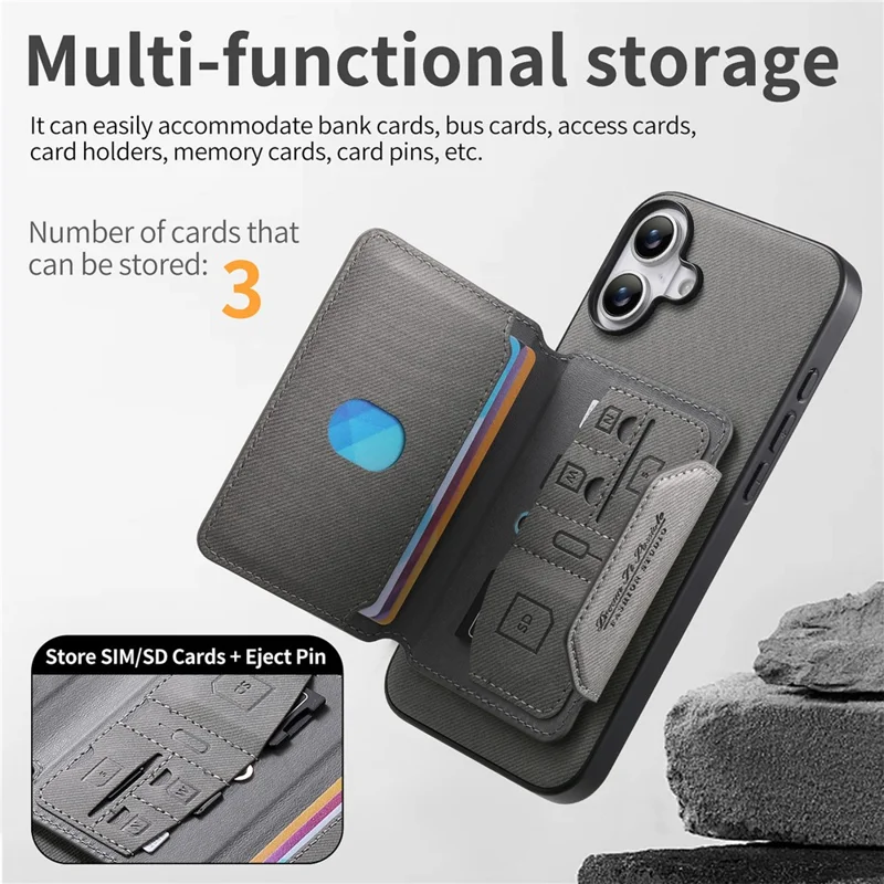 For iPhone 16 Magnetic Case PU Leather + PC + TPU Anti-Scratch Back Cover with Detachable Card Holder - Grey